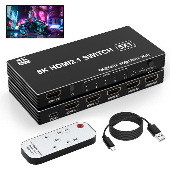 Conmutador HDMI Suejezt 8K 5x1 con control remoto IR 8K @60Hz 4K @120Hz