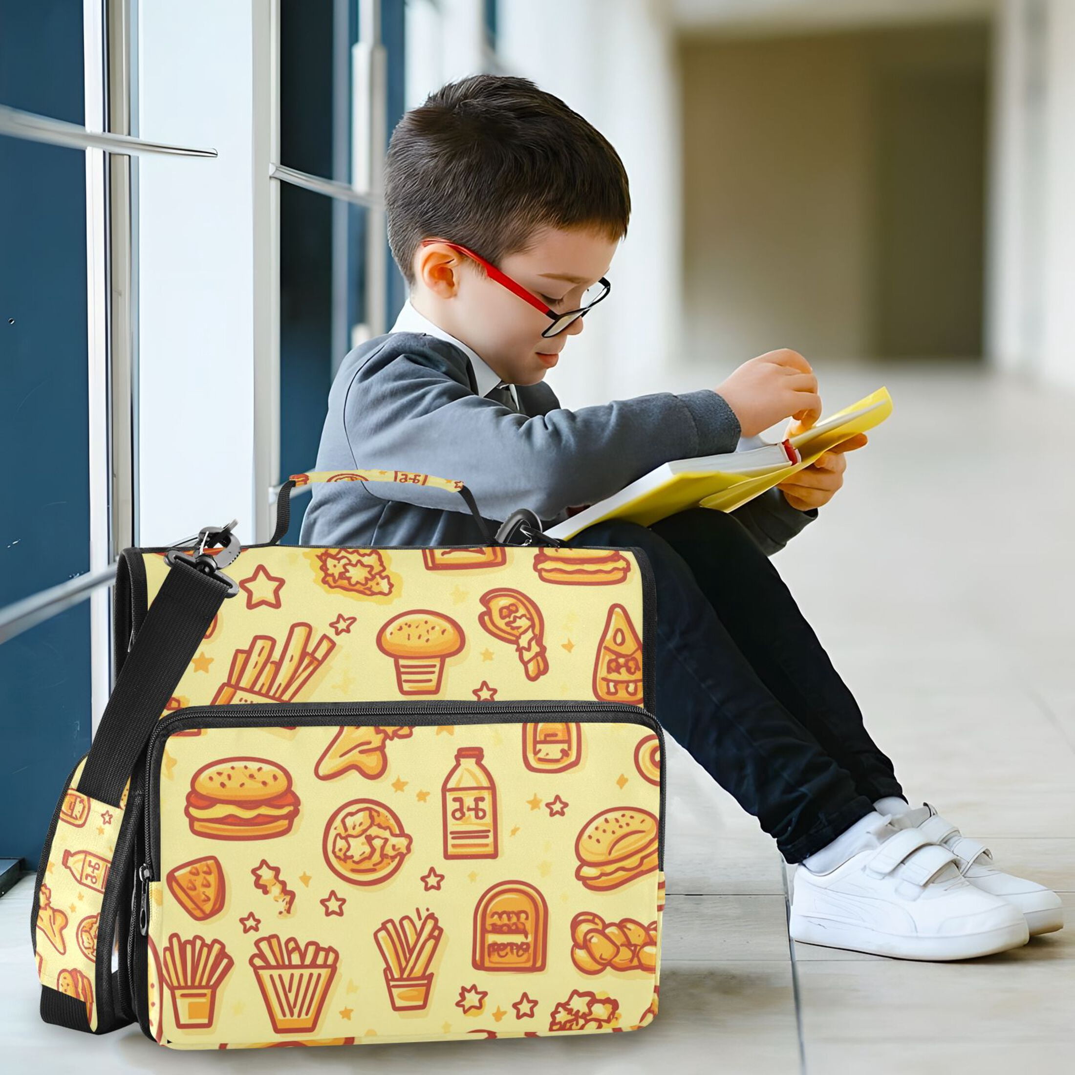 3 Ring Zipper Binder with Shoulder Strap Waterproof Trapper Keeper 2 Inch D-Ring 500 Sheets Capacity Chicken Burger and Fries