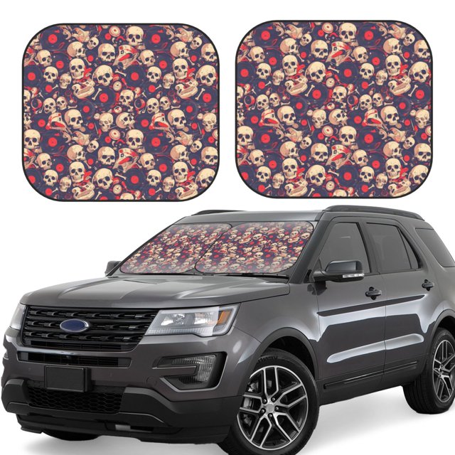 Fotbe Skull rock music record Juego de 2 Piezas de Parasoles para Parabrisas | Bloqueador Solar para Auto | Accesorios Plegables para Protección Solar Interior-Medium