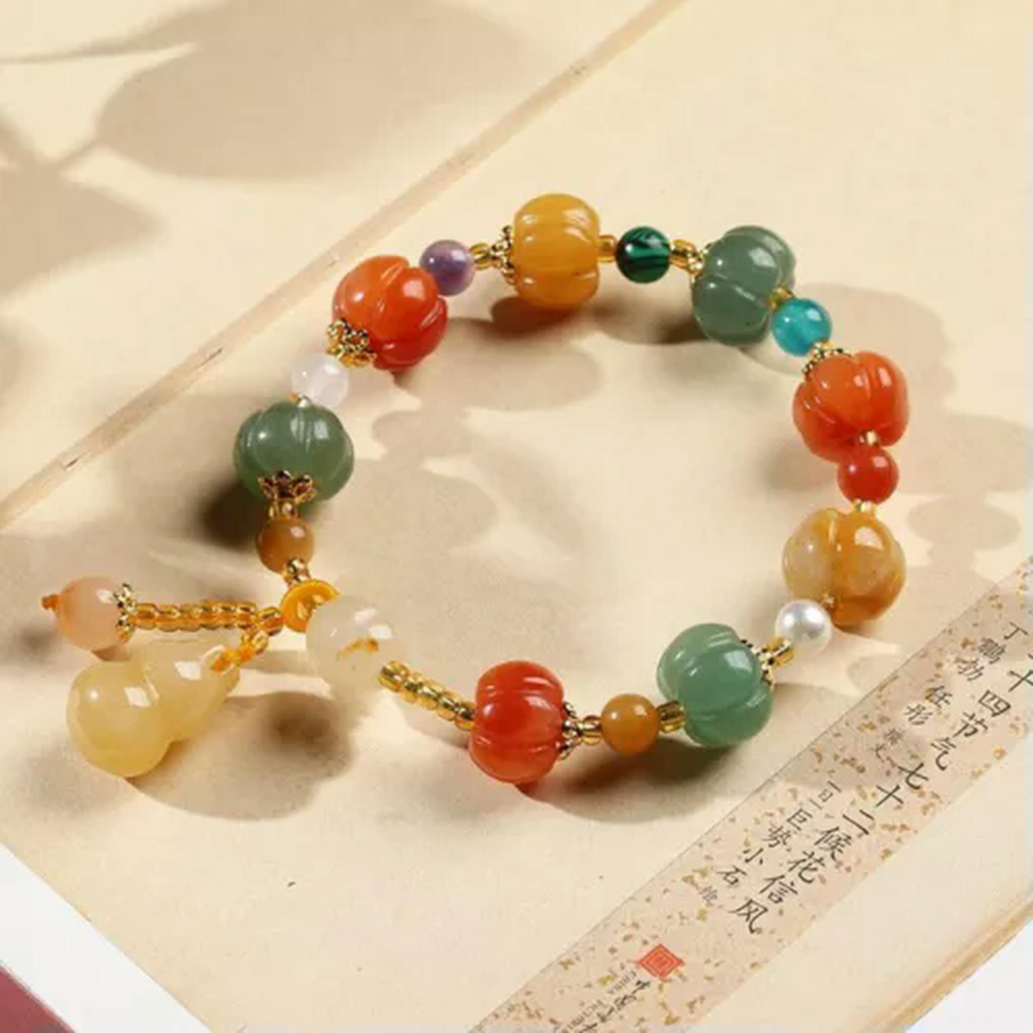 EOEMY Natural Gold Jade Pumpkin Beads Beaded Bracelets For Women Lady Gourd Pendant-Gourd