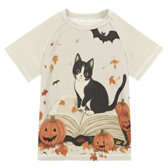 FORMRS Boys Rash Guard Short Sleeves Swim Shirt Quick Dry UPF 50 Sun Protection, Sizes 3-12T, Gray Cartoon Halloween Cat