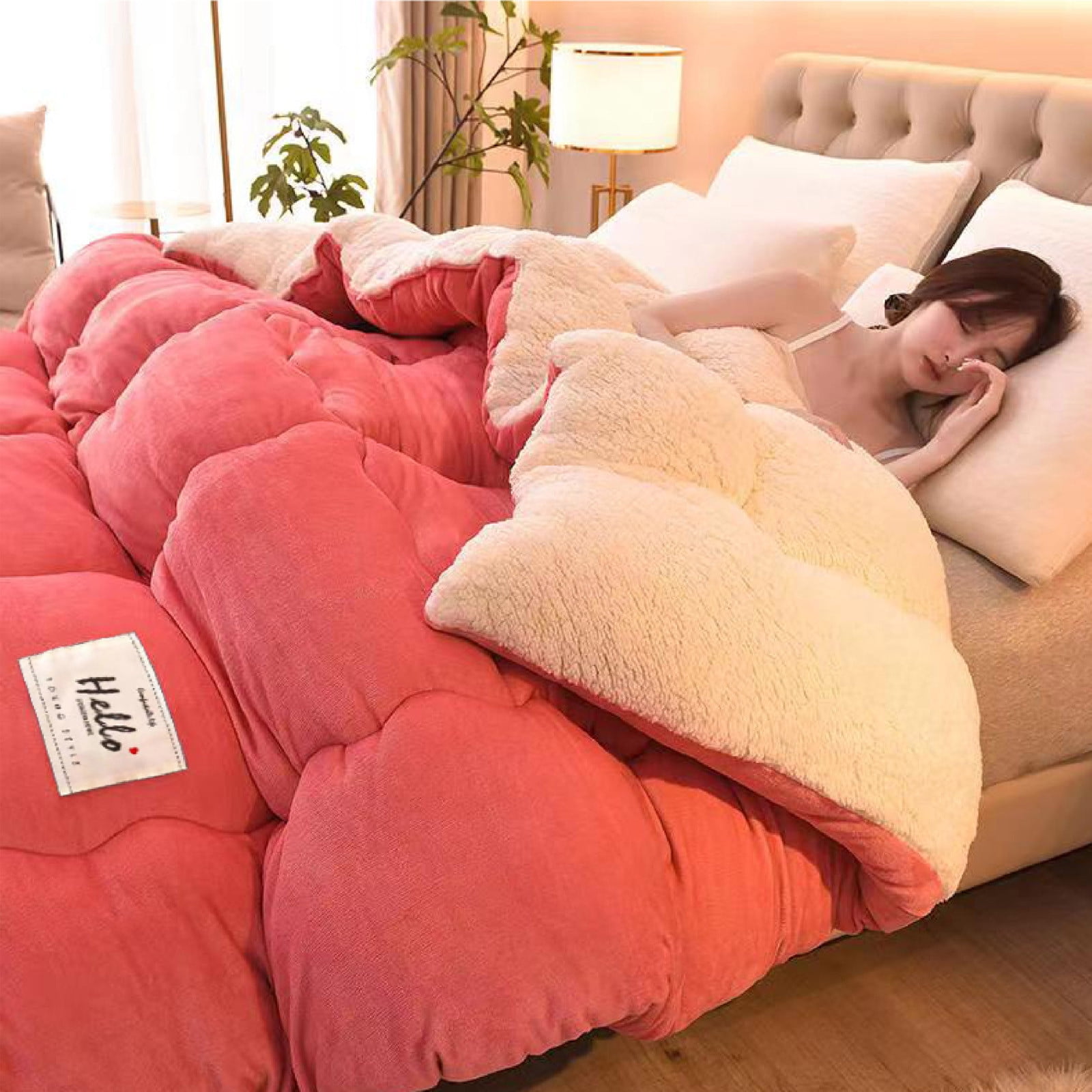 Kezqiaxn Thickened Comforter 150x200cm Milk Fleece Full Size Comforters Winter Quilt Doubles Lightweight Quilt Bed Thick Blankets Warm Cotton Quilt for Camping/Bedroom/All Season Pink