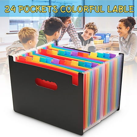 Basic Filing Pocket - Expanding File, 24 Pockets, Black, A4 Size Portable Rainbow A4 File Organiser Self Standing Accordion Document Filing Box High Capacity Storage Bag-24 Pockets Caveen Expanding File