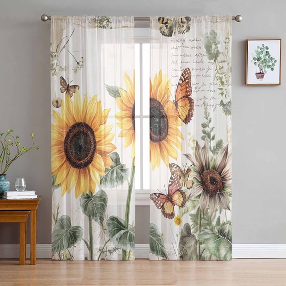 Sheer Curtains 108 Inches Long, Pastoral Rustic Botanical Flowers Light Filtering Window Curtains for Living Room, Sunflower Vintage Rod Pocket Voile Sheer Curtain Drapes, 52"W x 108"L, 2 Panels