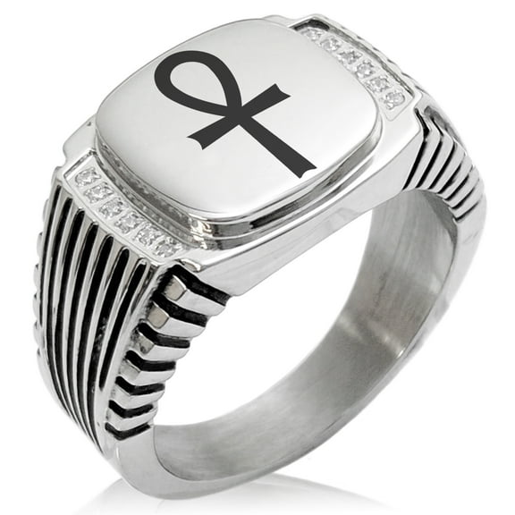 Stainless Steel Egyptian Ankh Cross CZ Ribbed Needle Stripe Pattern Biker Style Polished Ring