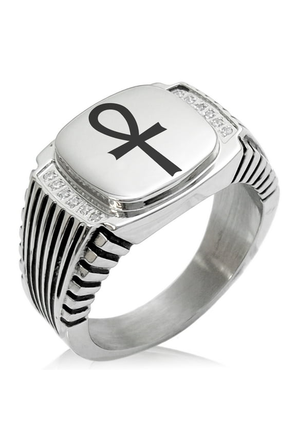 Stainless Steel Egyptian Ankh Cross CZ Ribbed Needle Stripe Pattern Biker Style Polished Ring