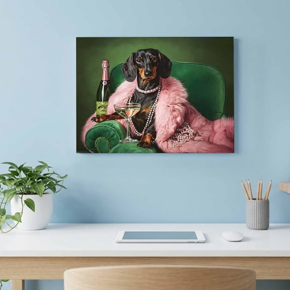 Dachshund Diva Canvas Wall Art, Pink Fur Stole Black Animal Cocktail Party Dark Green Wall Art Prints Artwork Framed Canvas Ready to Hang Art Pictures for Living Dining Room Bedroom Hallway 24" x 18"
