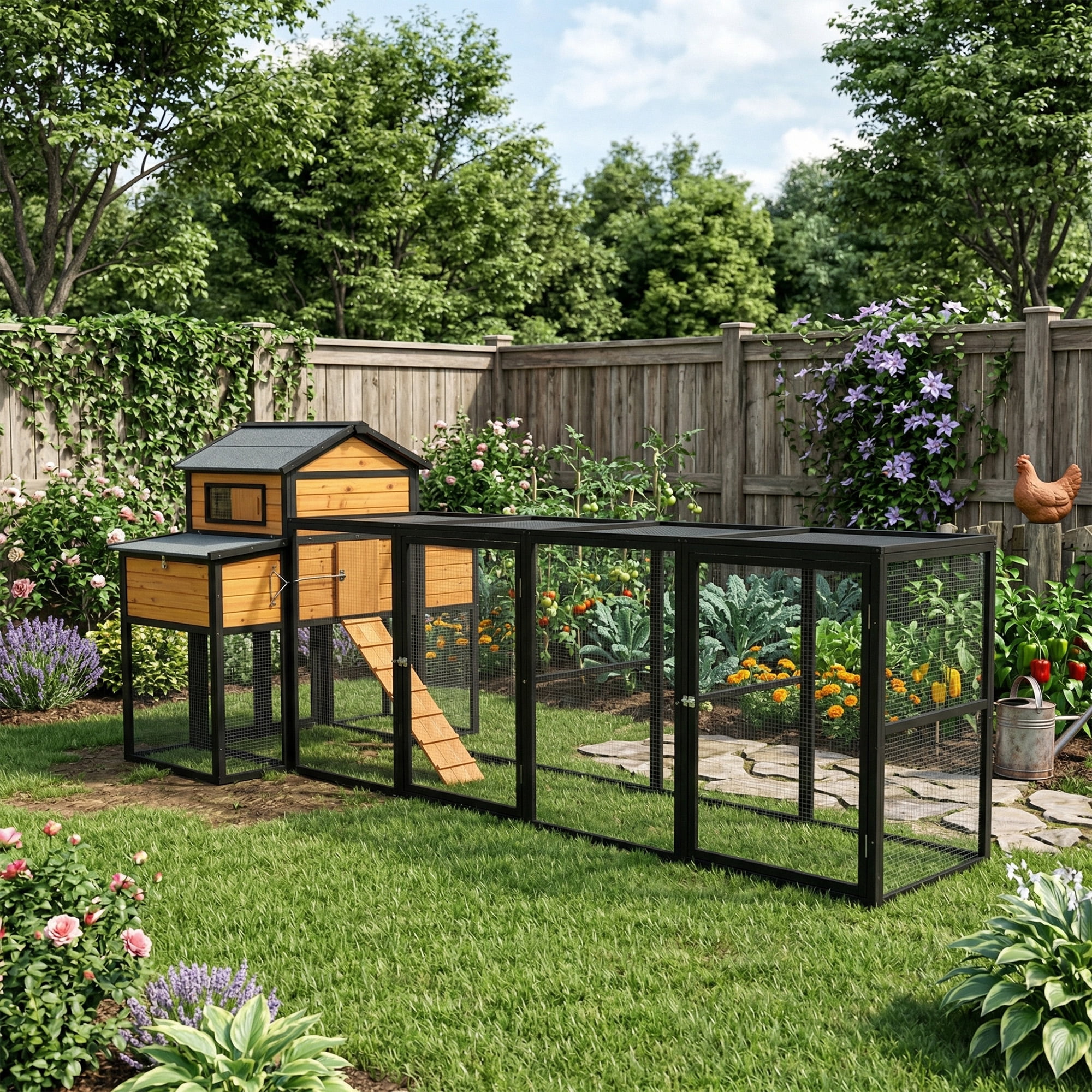 MAYEERTY 150" Black Large Wooden Chicken Coop with Run, Nesting Boxes Pull-Out Tray Sliding Door for 4-6 Chickens