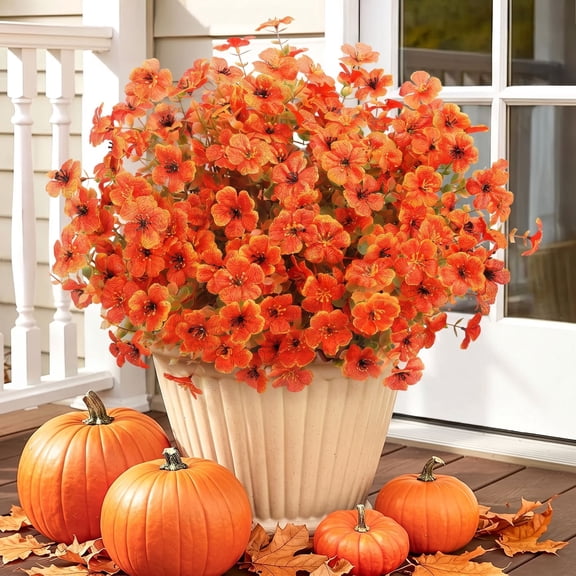 Scidweet Fall Artificial Flowers for Outdoors, 16 Bundles Autumn Faux Fake Flowers Fall Decorations for Home Garden Patio Porch Yard, Orange