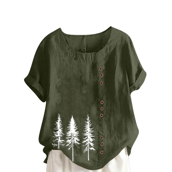 Cmfcve Women's Plus Size Tee Shirt Short Sleeve Round Neck Cotton Linen Gauze Tops Spruce Printed Henley Button Blouse