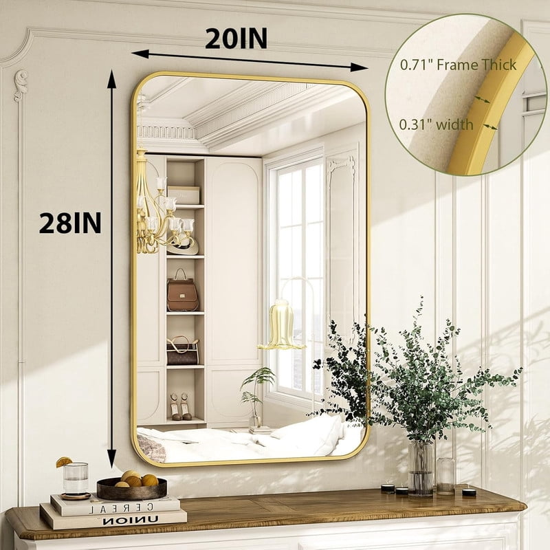 Clarvion 20"x28" Rounded Edge Rectangle Bathroom Mirror Wall Mounted Vanity Mirror,Gold