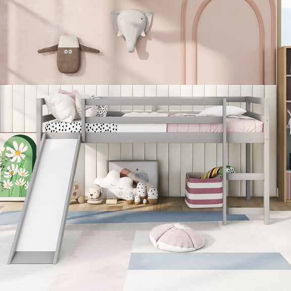 Loft Bed with Slide, Twin Size Wood Loft Bed with Ladder & Guard Rails, Space-Saving Platform Bed with Solid Wood Construction, No Box Spring Needed, Gray