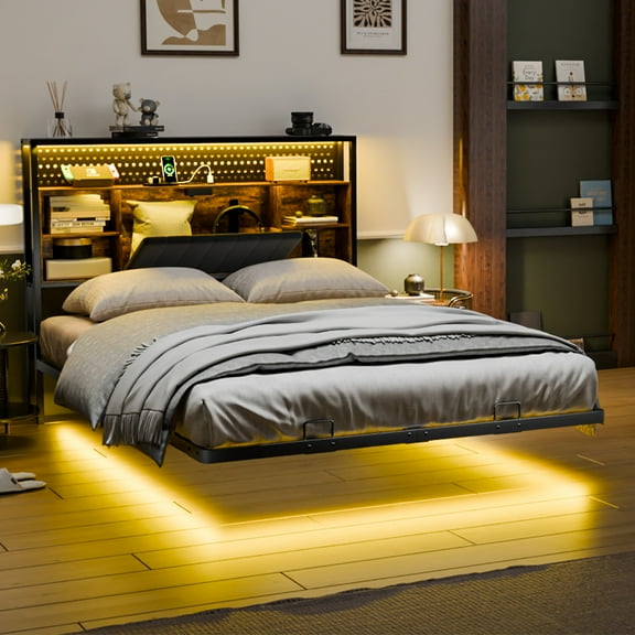Zimtown Full Floating Bed Frame, Platform Bed with Charging Station, No Box Spring Needed, Black