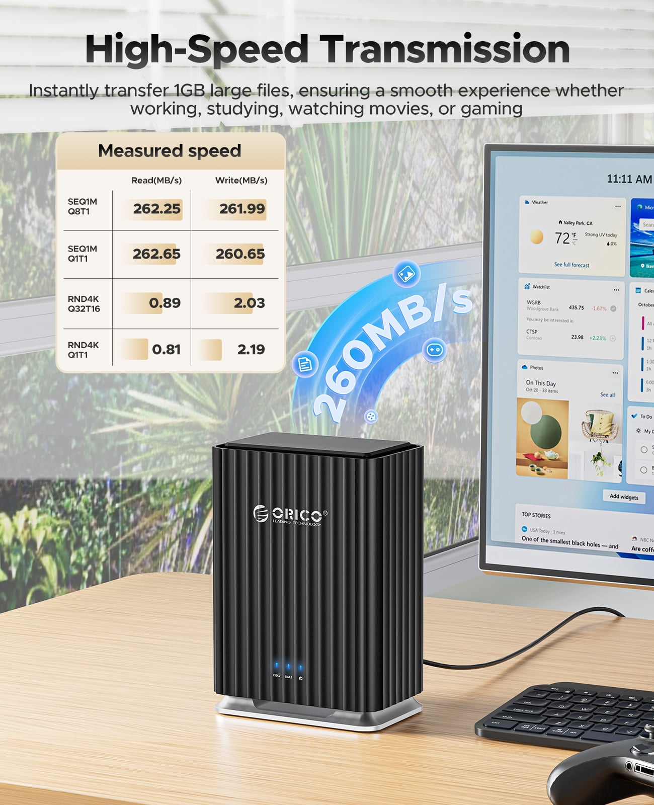 ORICO 2 Bay Hard Drive Enclosure with Cooling Fan for 2.5/3.5" SATA HDD/SSD with 2-in-1 USB C to C/A Cable, 3.5 Hard Drive Reader Supports 44TB Capacity, DAS(NO NAS)