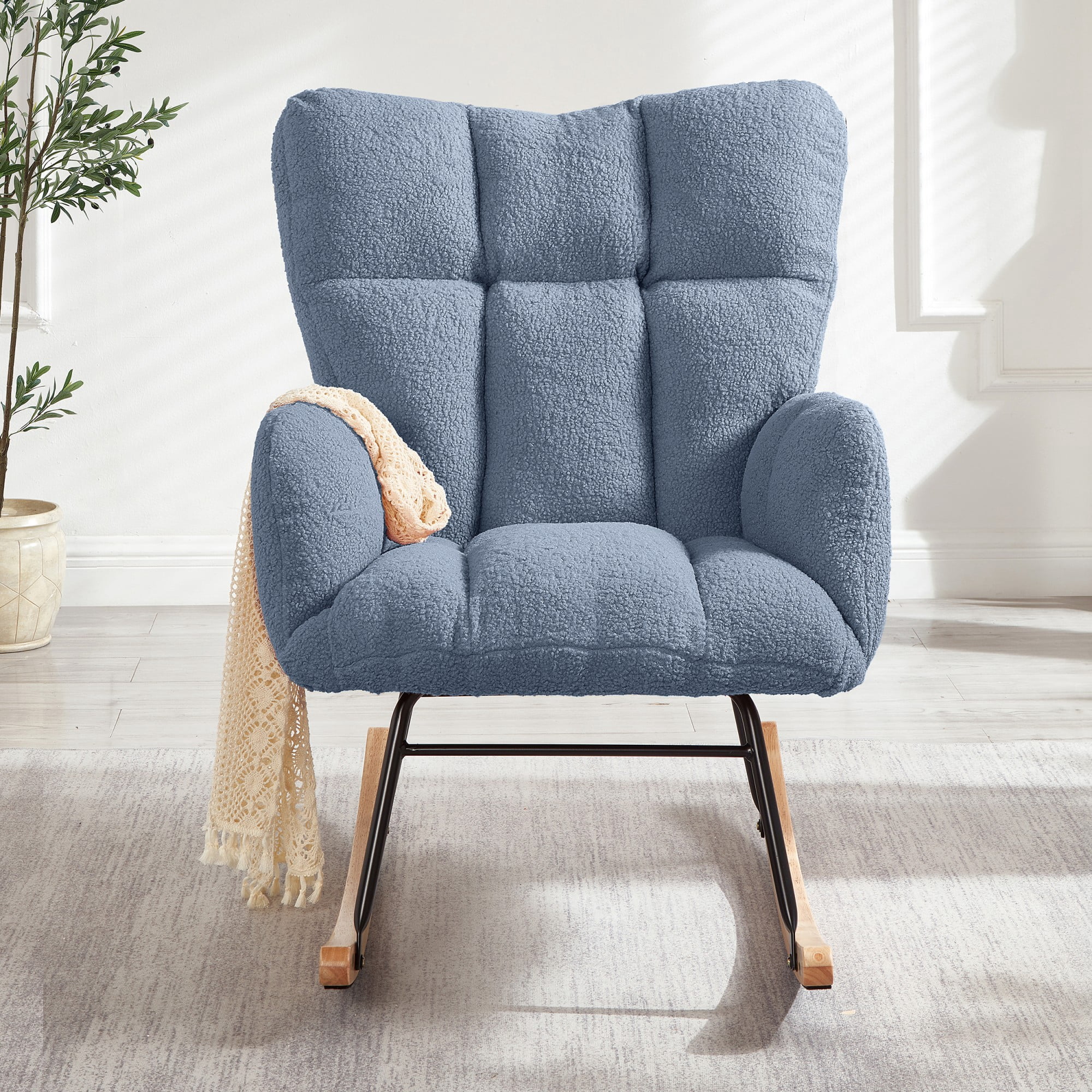 Glider Chair for Living Room Tufted Upholstered Teddy Fabric Rocking Chair with Metal Frame Accent Chair (Blue)