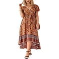 thumbnail image 3 of EIMELI Robe Longue Bohème d'Été pour Femmes à Manches Courtes, Col en V, Ourlet Irrégulier, Robe Florale à Nouer, 3 of 6