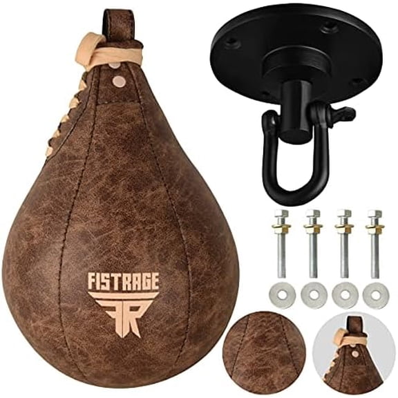 Speed Ball Boxing Bag Leather MMA Muay Thai Training Punching Dodge Striking Kit with Free Hanging Swivel Workout Speedball Kicking Platform Equipment (Beige)