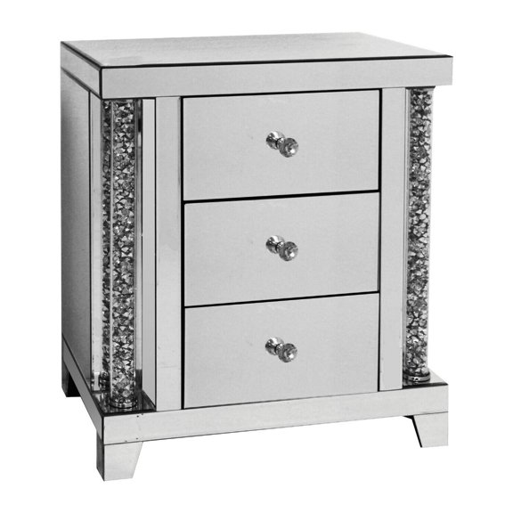 26 Inch Accent Table with Drawers, Silver Nightstand, Mirrored Table, Diamond Inlay Decor