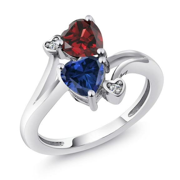 Gem Stone King 925 Sterling Silver Red Garnet Blue Created Sapphire and White Lab Grown Diamond Ring for Women (1.83 Cttw, Heart Shape 6MM, Gemstone January Birthstone, Size 7)
