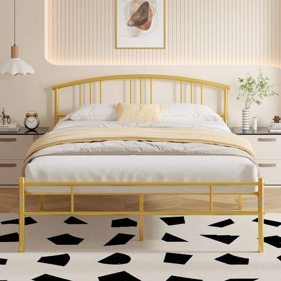 VECELO Queen Size Bed Frame with Arched Headboard, Metal Platform Bed Frame with Underbed Storage Space, Heavy Duty Slats, No Box Spring Needed, Easy Assembly, Gold
