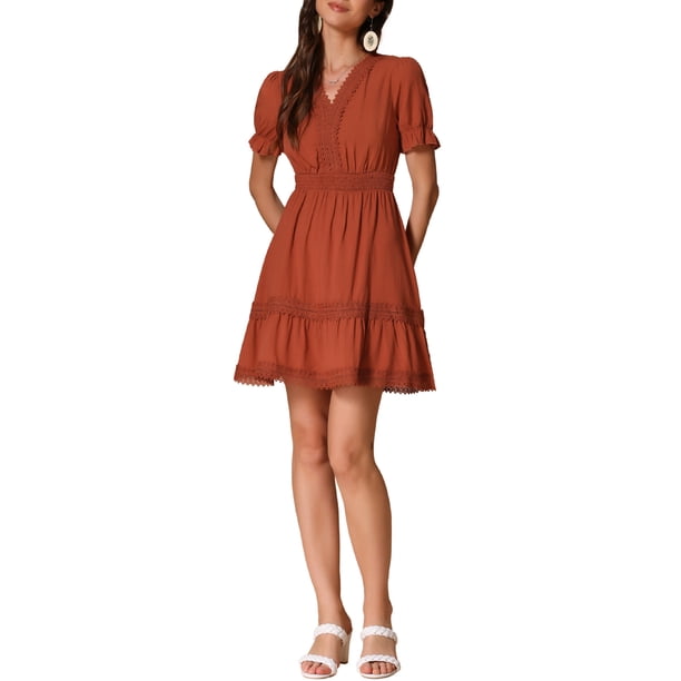 Vestido Casual Mini de Manga Abullonada con Escote en V y Cintura Elástica para Mujeres Chic INSPIRE Color Marrón XL