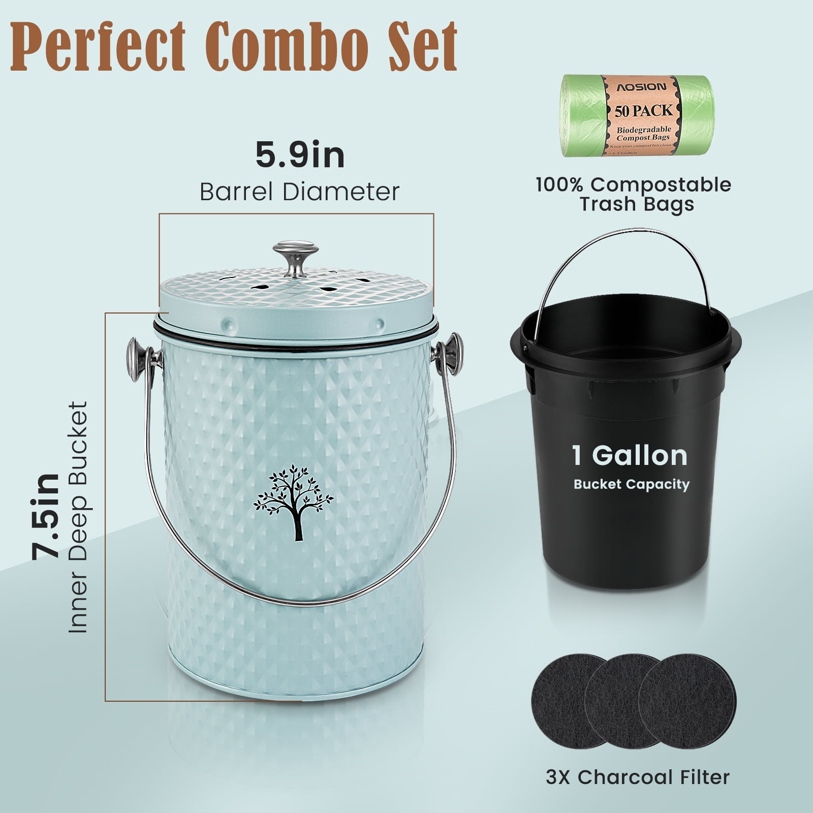 Countertop Compost Bin Kitchen,Odor Resistant Indoor Compost Bin with Lid and Compost Bags,Compost Bucket Composter Container for Food Waste,Blue
