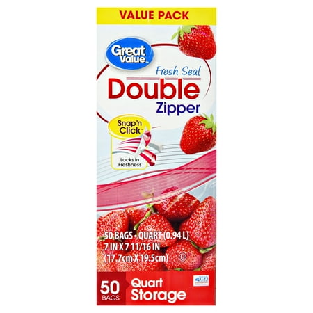 Great Value Double Zipper Bags, Value Pack, Quart, 50 Count