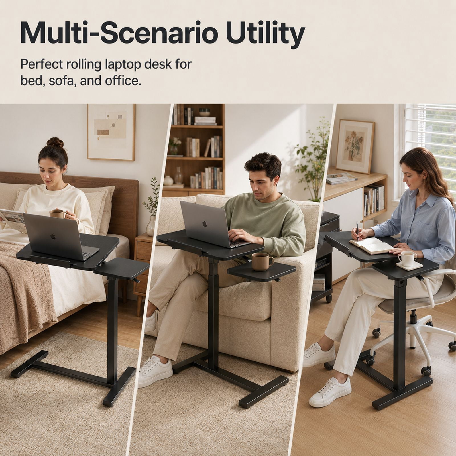 Alvantor Adjustable Bedside Table with Wheels, Rolling Desk, Laptop Table, Portable Design, Adjustable Height, Computer Workstation, Home Office Classroom