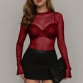 thumbnail image 4 of adviicd Women Mesh Tops Rhinestone Tops Long Bell Sleeve Blouses Glitter Shirts Sexy Clubwear Outfits (Wine, XXL), 4 of 6