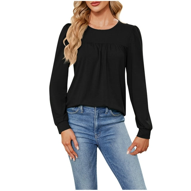 Yuyuzo 2025 Tunic Tops for Women Rufffle Long Sleeve Round Neck Solid Color Shirts Fall Solid Color Tops