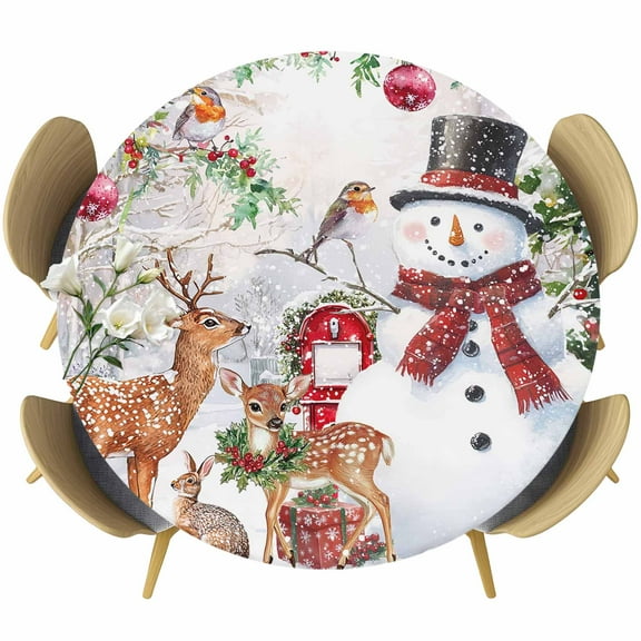 Christmas Snowman Round Tablecloth 55-60 Inch Round Fitted Table Cloth with Elastic Edge, Snowflake Elk Balls Xmas Waterproof Table Cover Protector for Outdoor Picnic Party Dining