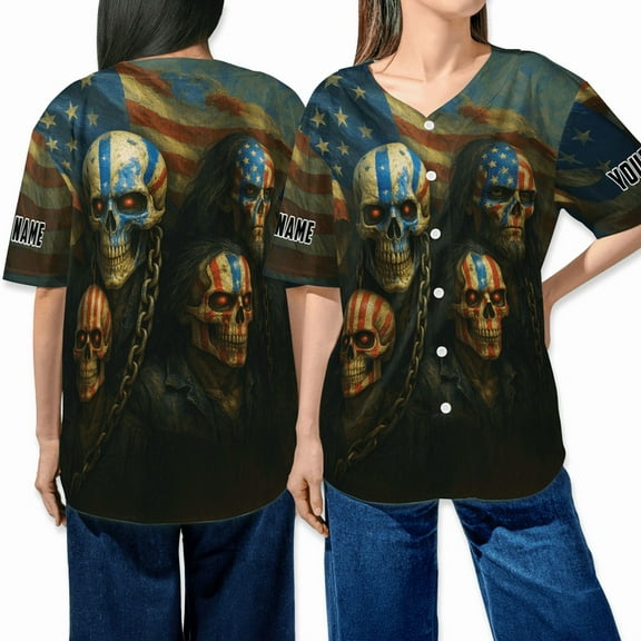 Patriotic Skull Baseball Jersey – American Flag Skull Graphic Shirt – Gothic Punk Streetwear Top for Men and Women