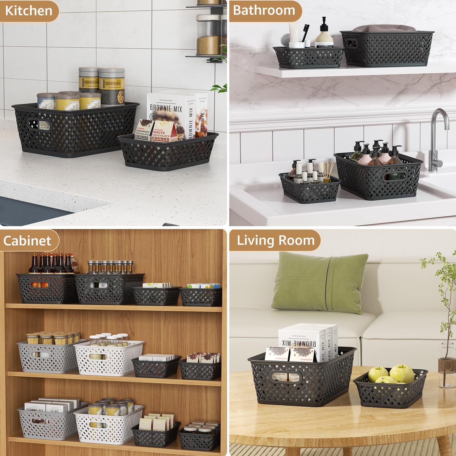 Plastic Woven Storage Baskets With Handles, 3 Pack, Medium, Black, For Home Office Organization
