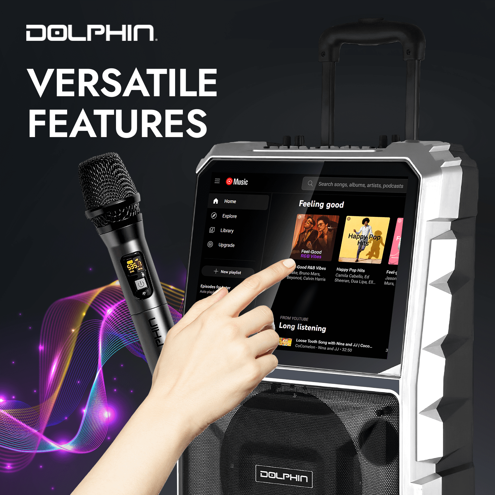 Dolphin Audio KB-85R Bluetooth Portable Karaoke Speaker with 14.1-In. Touch Screen and Wireless Microphone, KB-85R