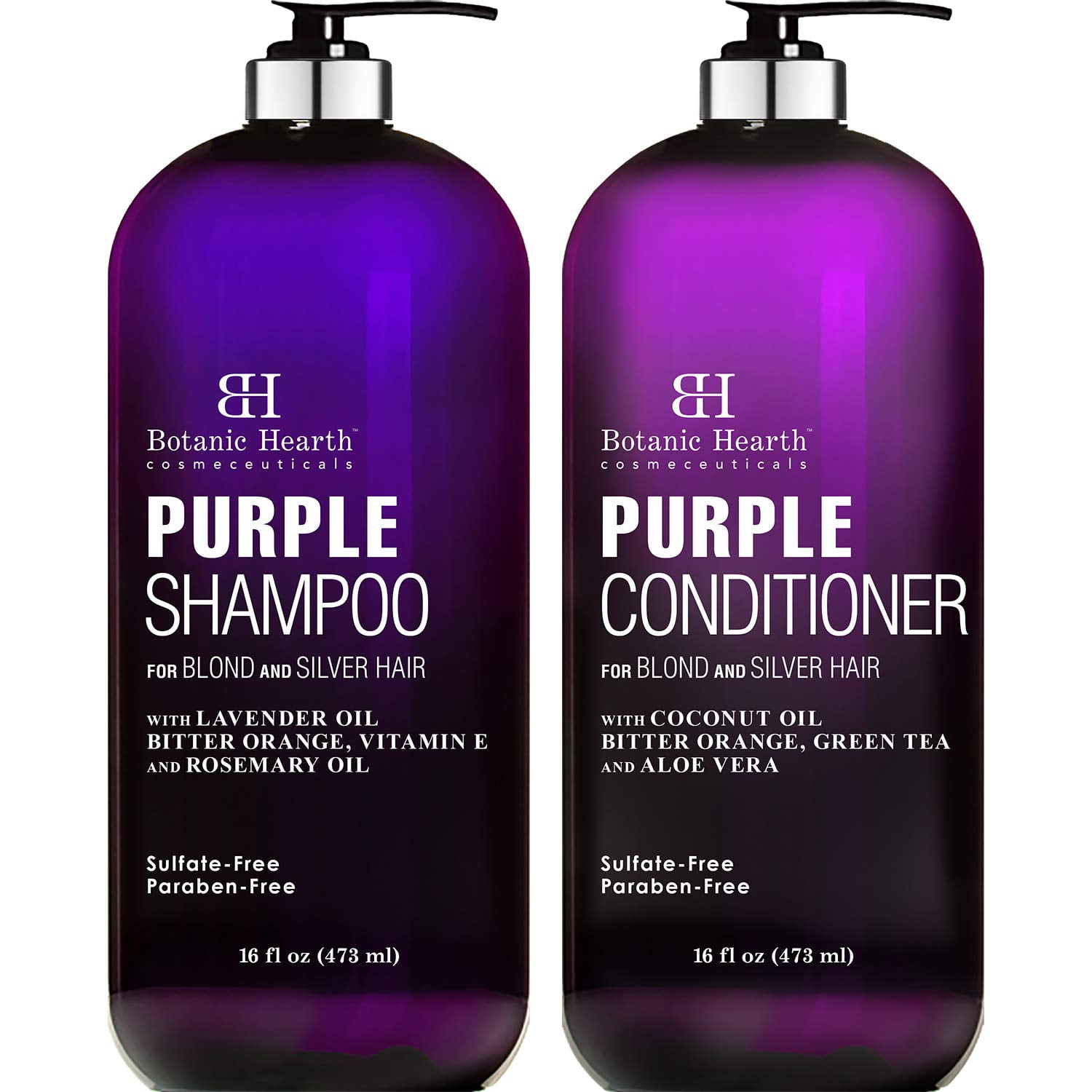 BOTANIC HEARTH Purple Shampoo and Conditioner Set - for All Shades of Blonde, Silver and Gray Hair - Enhances Highlights - Sulfate Free, Paraben Free, 16 fl oz each