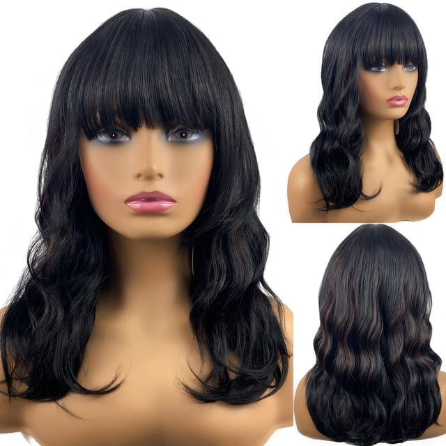 MIMISERVICE Peluca Bob ondulada corta de 16 pulgadas con flequillo negro con rojo hasta los hombros pelucas de pelo para mujeres de aspecto natural fibra sintética resistente al calor pelucas rizadas