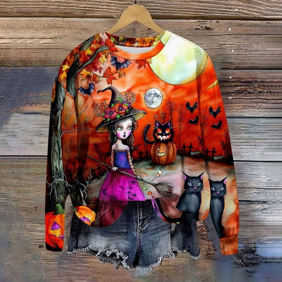 CLOISE Halloween Women Sweatshirt Fashion Witch Graphic Pullover Sweatshirts Fall Long Sleeve Crew Neck Hoodies Shirts Tunic Tops Festival Party Clothes Orange XL Boo