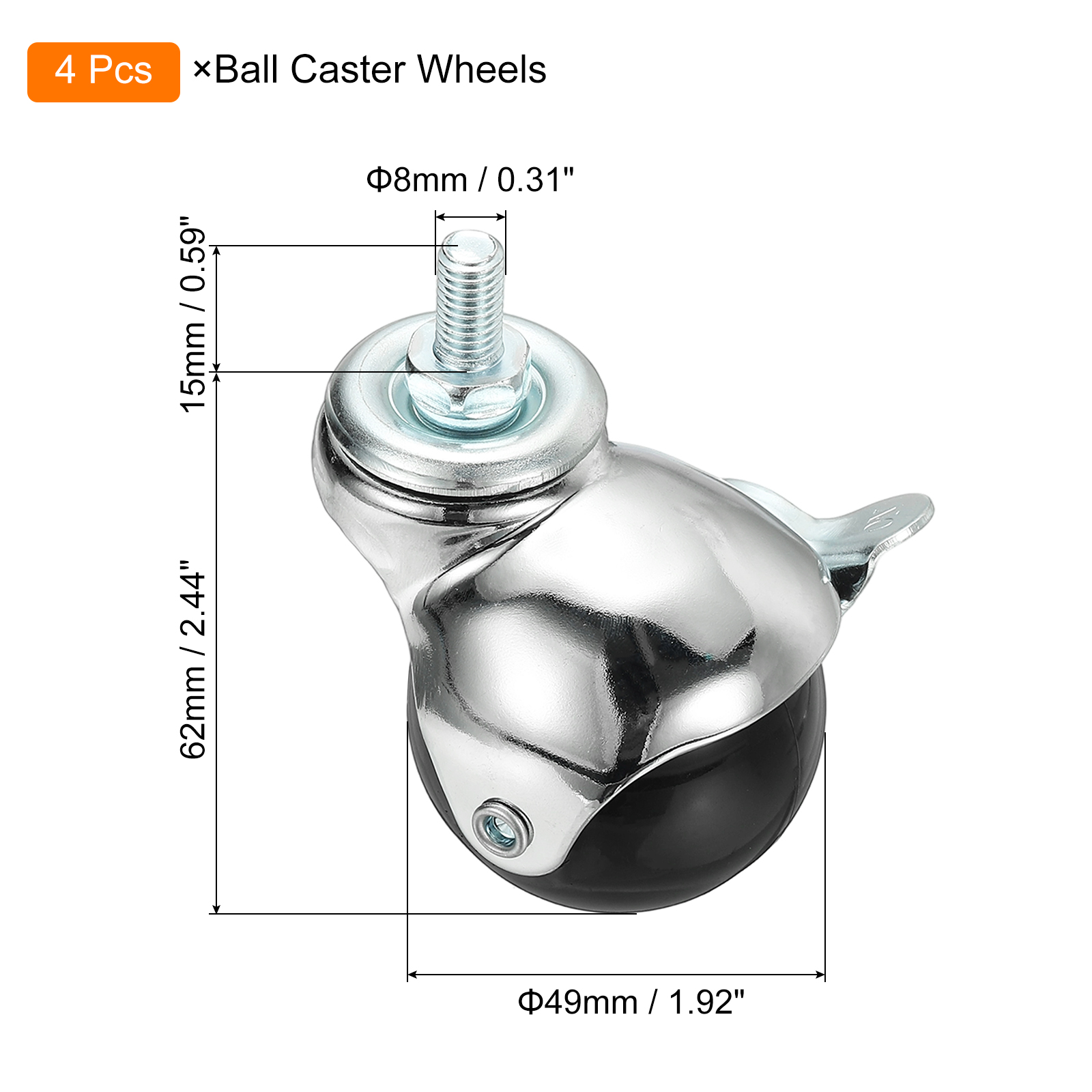 Uxcell 2" Ball Caster Wheels, 4 Pcs Threaded Stem Caster 360 Degree Rotatable Caster Wheels Brake for Furniture,Chrome