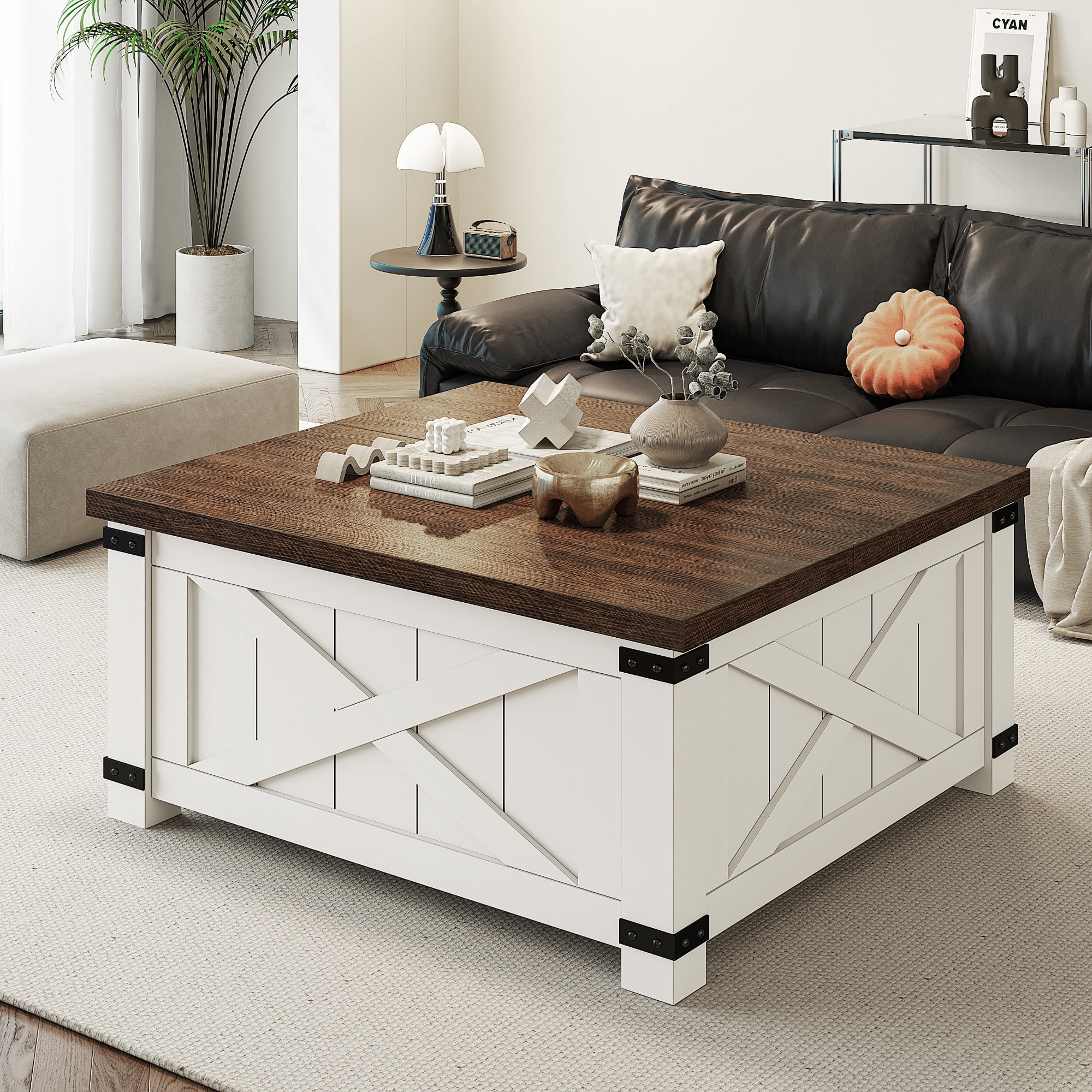 Romorgniz 35.7" W Square Lift Top Coffee Table Farmhouse Coffee Table with Large Hidden Storage Wooden Center Table for Living Room, White