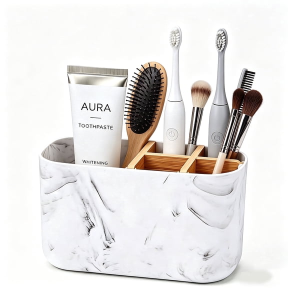 AOLIGO 5 Slot Toothbrush Holder for Bathroom, Electric Toothbrush Organizer with Removable Compartment, Marble White