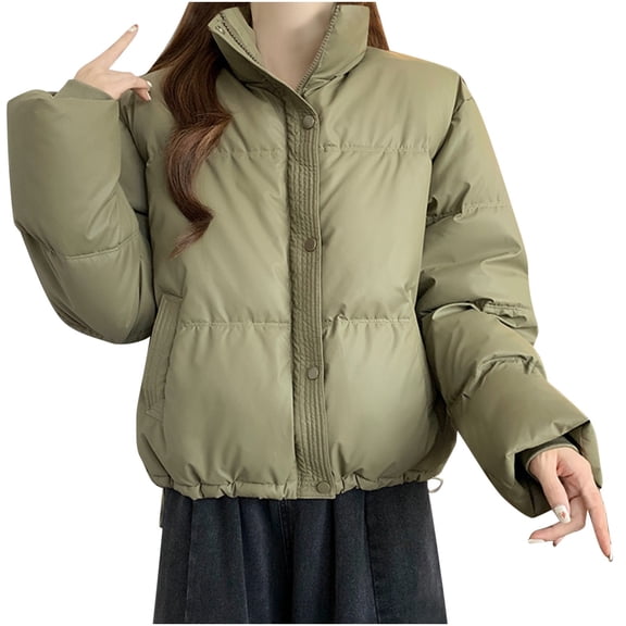 SELONE Packable Puffer Coat Women Cropped Drawstring Winter Jacket Zipper Long Sleeve Mock Neck Outerwear Soild Tops L