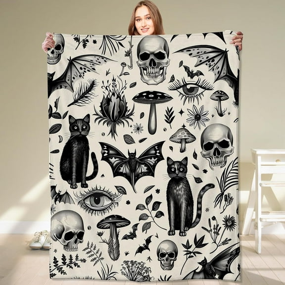 Spooky Goth Blanket Gothic Black Cats, Skulls, and Bats Throw Blankets Gifts for Girls Boys Adults Lightweight Soft Fleece Cozy for Sofa Couch Bed Room Travel Birthday Halloween Decor 50x60in