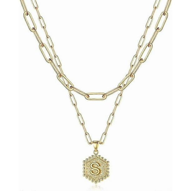 Dainty Layered Initial Necklaces for Women, 14K Gold Plated Paperclip Chain Necklace Simple Cute Hexagon Letter Pendant Initial Choker Necklace Gold L