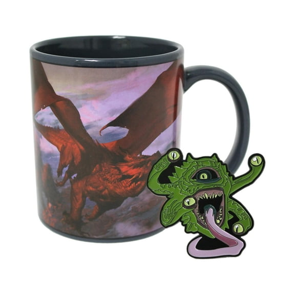 Just Funky Dungeons and Dragons Red Dragon Glass Ceramic Mug with Gazer Beholder Pin, 16 Oz