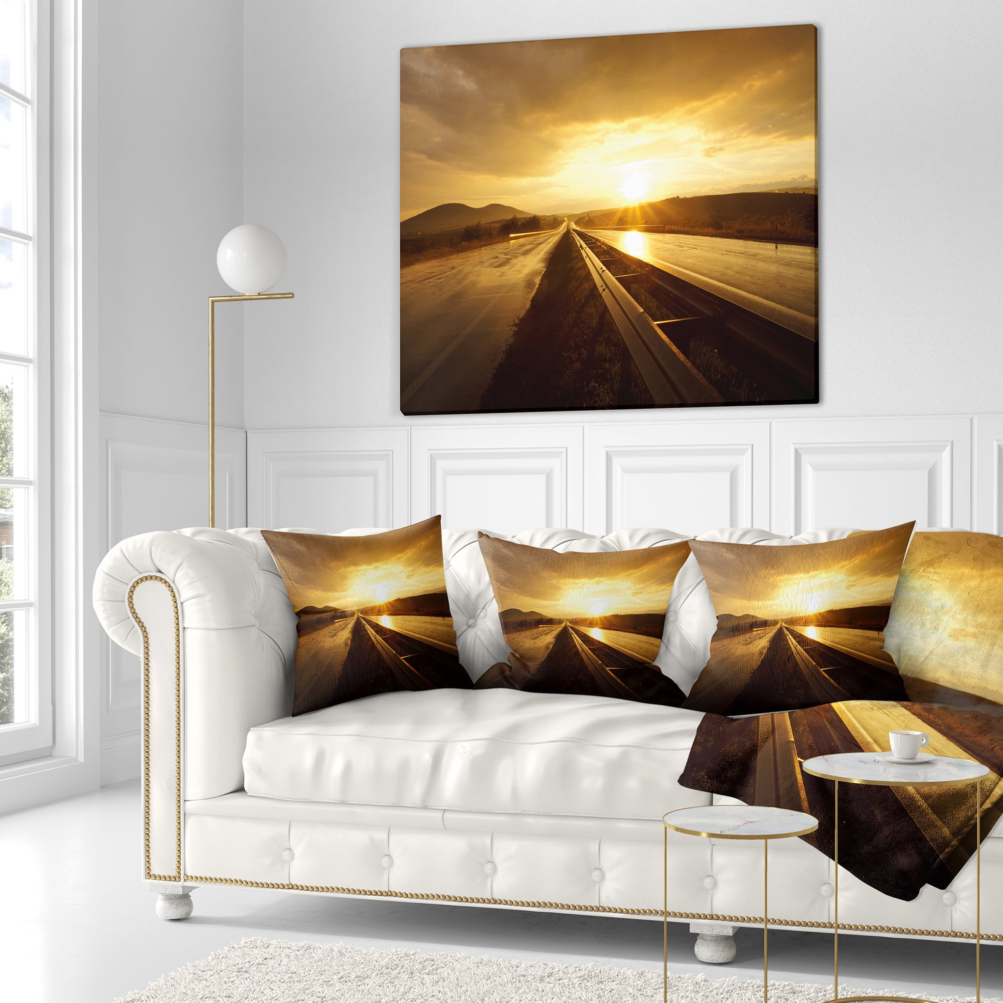 Designart Wet After Rain Road at Sunset - Landscape Printed Throw Pillow - 16x16