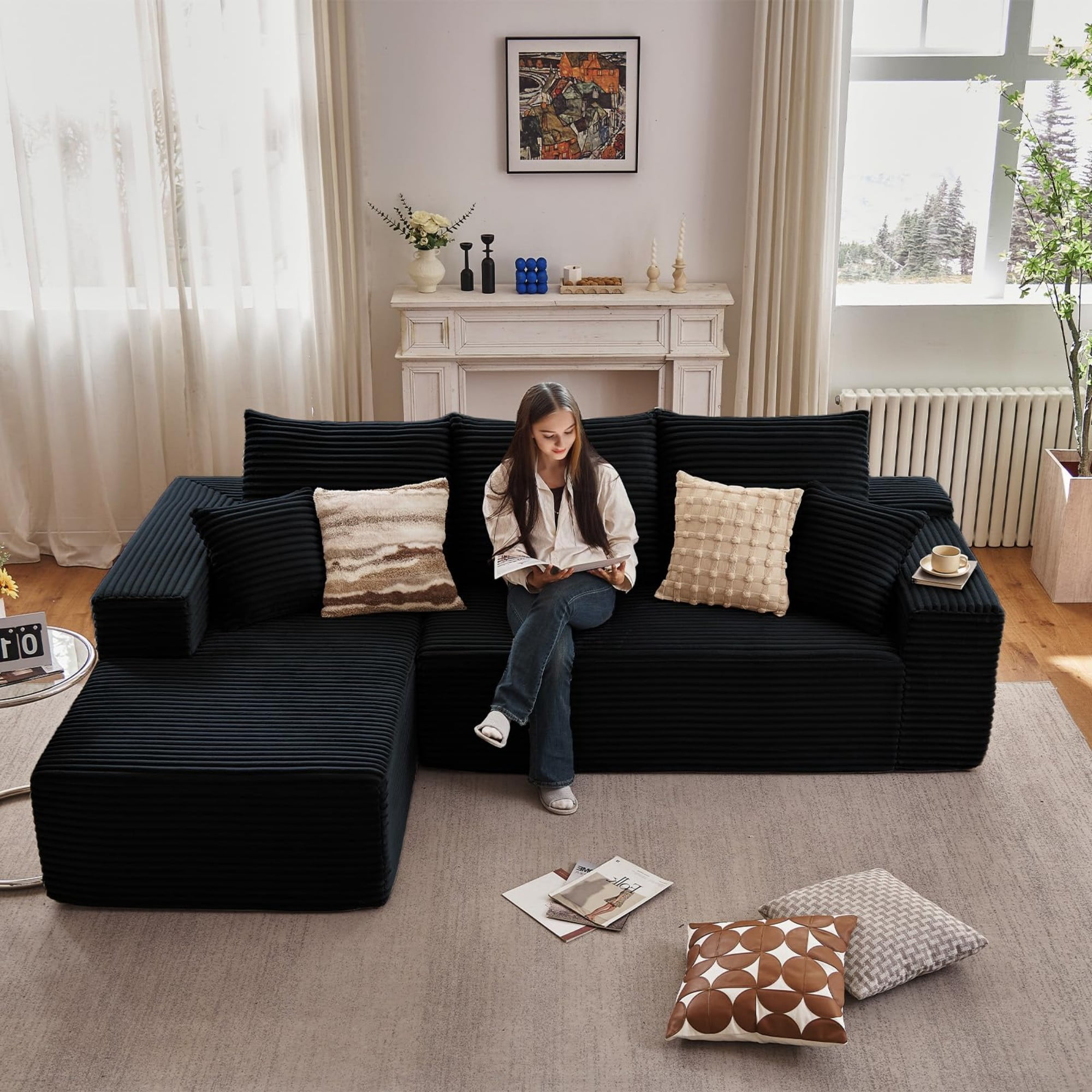 Aukfa 107" Cloud Modular Sectional Couch with Left-Facing Chaise, Corduroy Deep Seat Boneless Sofa for Living Room, Apartment, Black