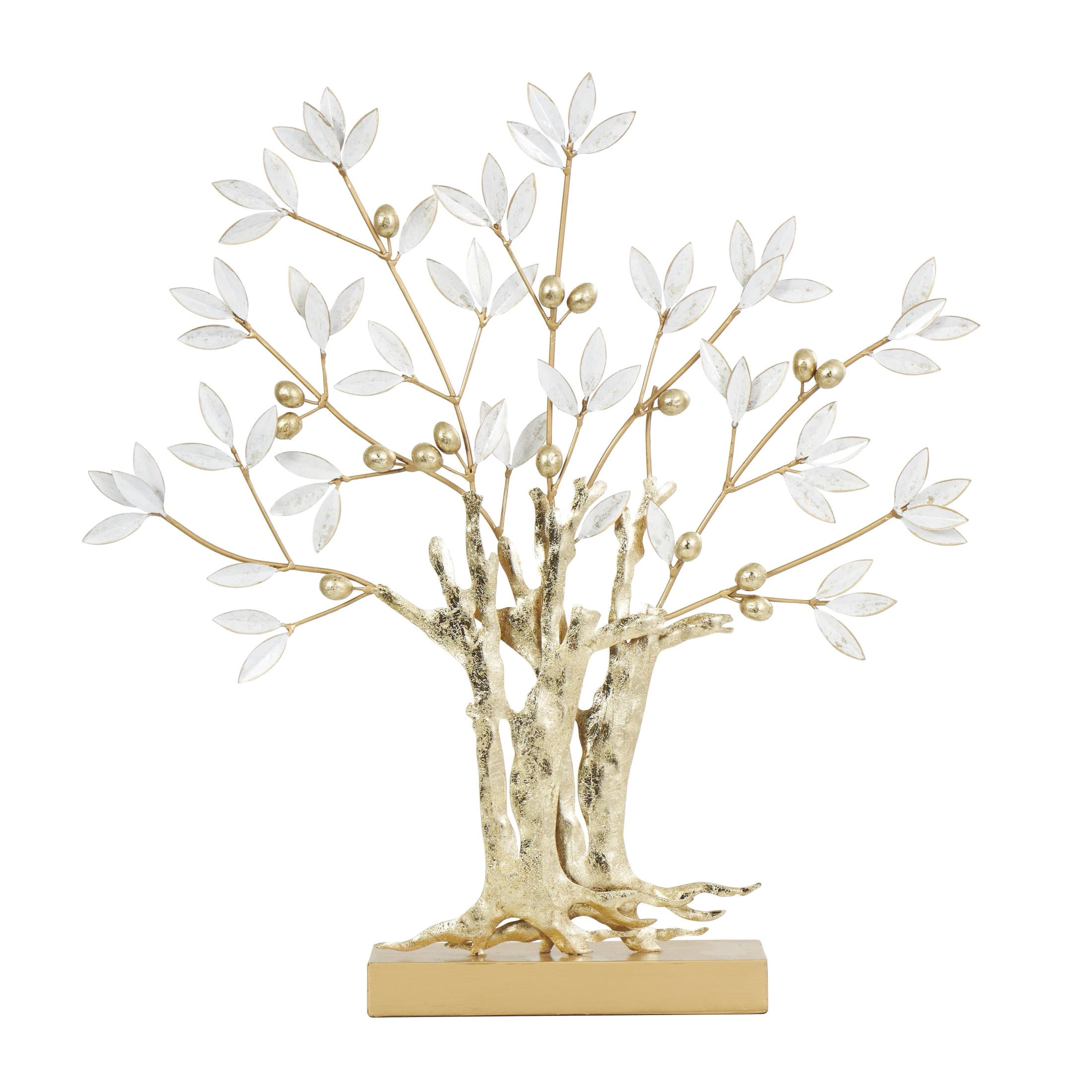 23" x 24" Gold Metal Metallic Tree Sculpture with White Leaves, by DecMode