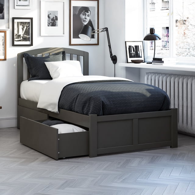 Richmond Lit Plateforme en Bois Simple TG avec Pied de Lit et Tiroirs de Rangement, Gris