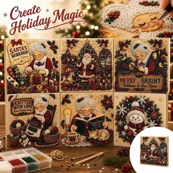 Home Wall Decor, 12X12 Inch Mrs Claus Pearl Bead Canvas Wall Art, Merry & Bright Welcome Home Sign, Diy Christmas Bead Craft Kit, Indoor Christmas Holiday Wall Hanging, Includes