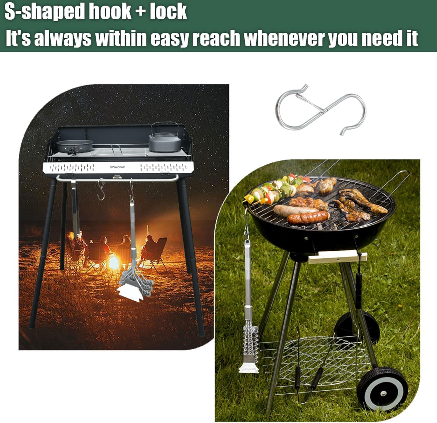 SWAZVAC 3-in-1 Bristle-Free Stainless Steel BBQ Grill Cleaner with Scraper, Detachable Aluminum Handle & Lockable S-Hook